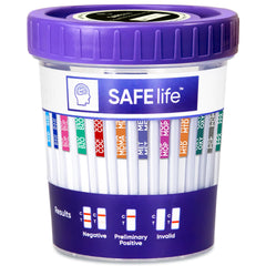 SAFE LIFE 13-panel urine cup pack shown for bulk testing in a lab setting.