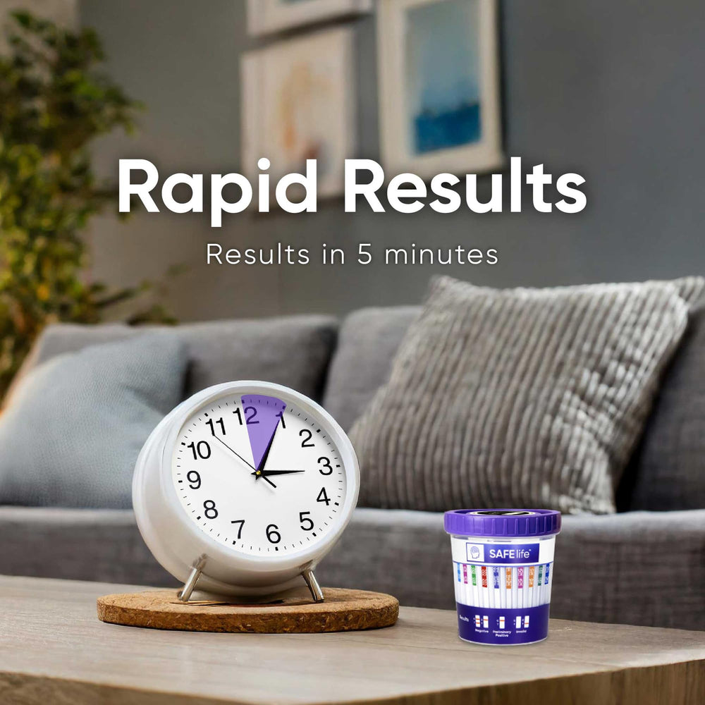 SAFE LIFE cap safety feature for spill-free at-home testing.