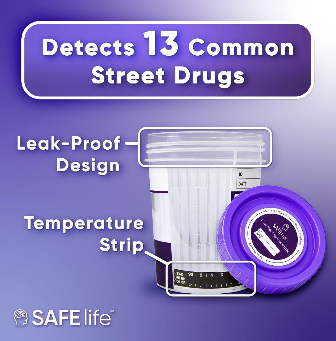 Close-up of SAFE LIFE test strip inside a cup for rapid results.