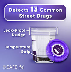 Close-up of SAFE LIFE test strip inside a cup for rapid results.