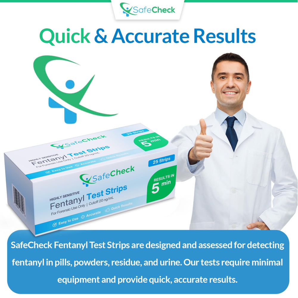 SafeCheck fentanyl test strip in use on a sample for quick insights.