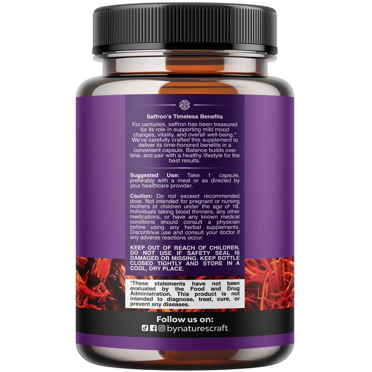Saffron flower extract capsules close-up showcasing crocin and safranal for antioxidant support.