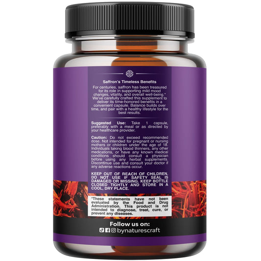 Saffron flower extract capsules close-up showcasing crocin and safranal for antioxidant support.