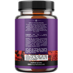 Saffron flower extract capsules close-up showcasing crocin and safranal for antioxidant support.