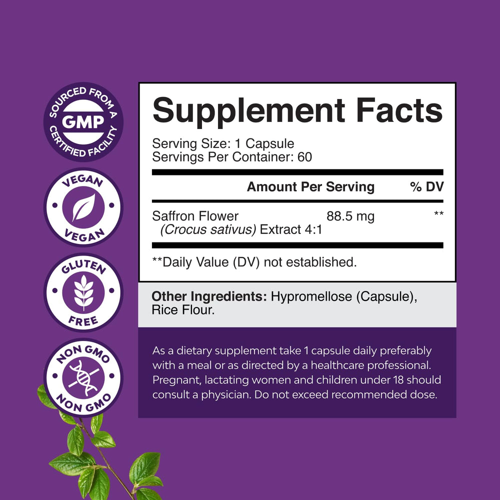 Saffron supplement bottle with label highlighting vegan, non-GMO ingredients for clean daily use.