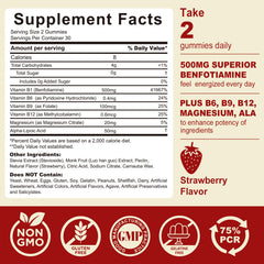 Benfotiamine gummies closeup showing a soft chew with potent B vitamin blend.