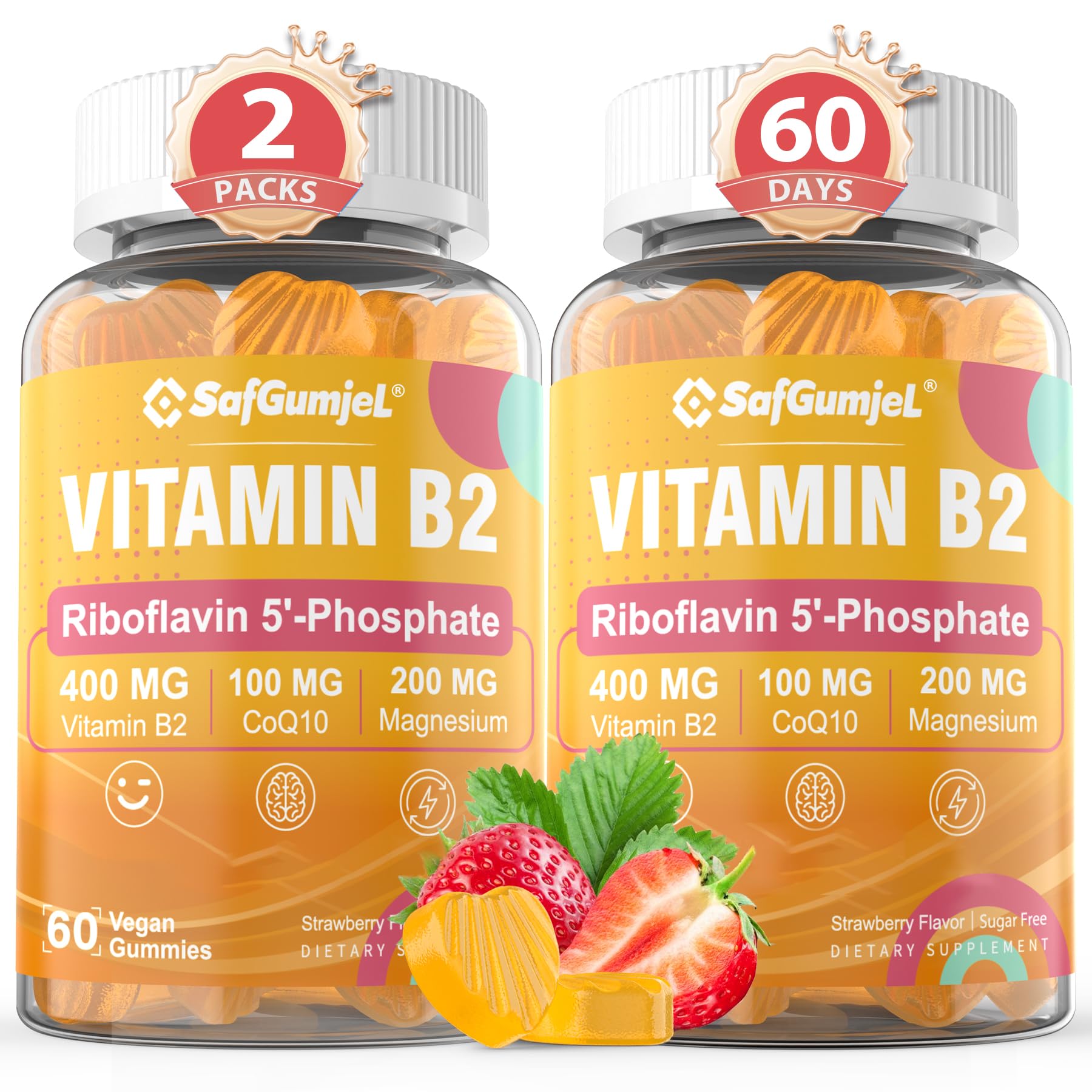 Safgumjel Vitamin B2 Gummies bottle front showing vegan sugar-free formula for energy support