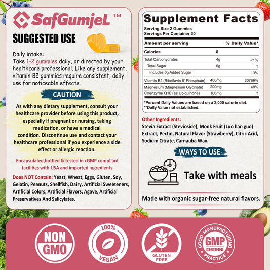 Safgumjel Vitamin B2 Gummies bottle side view highlighting magnesium and CoQ10 for cellular energy support