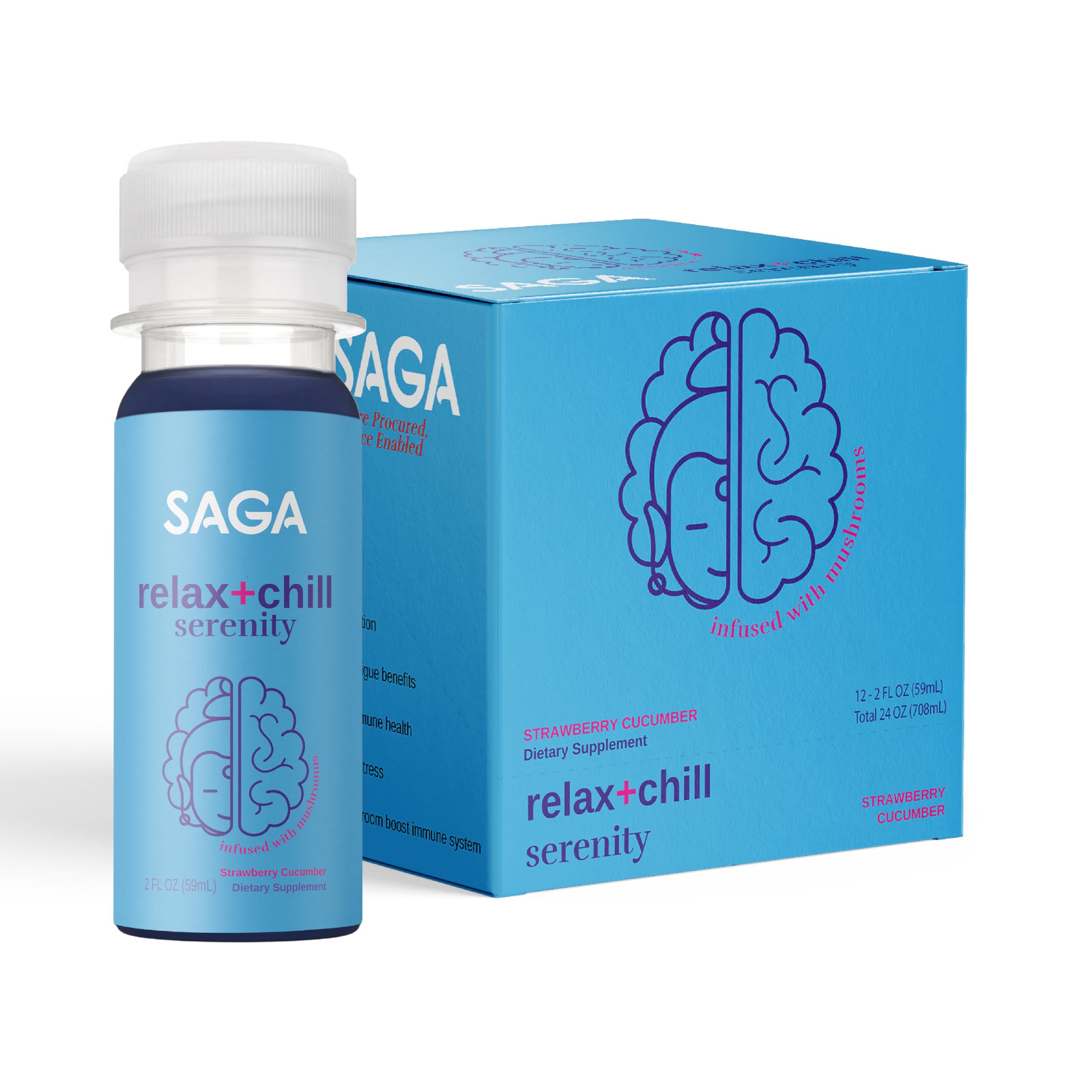 SAGA Serenity relaxation shot bottle showing a calm, plant-based blend for daily stress relief