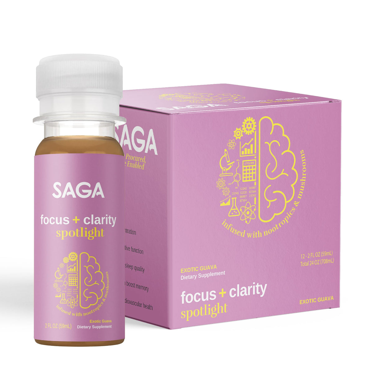 SAGA Spotlight bottle front view, compact travel size for on-the-go focus.