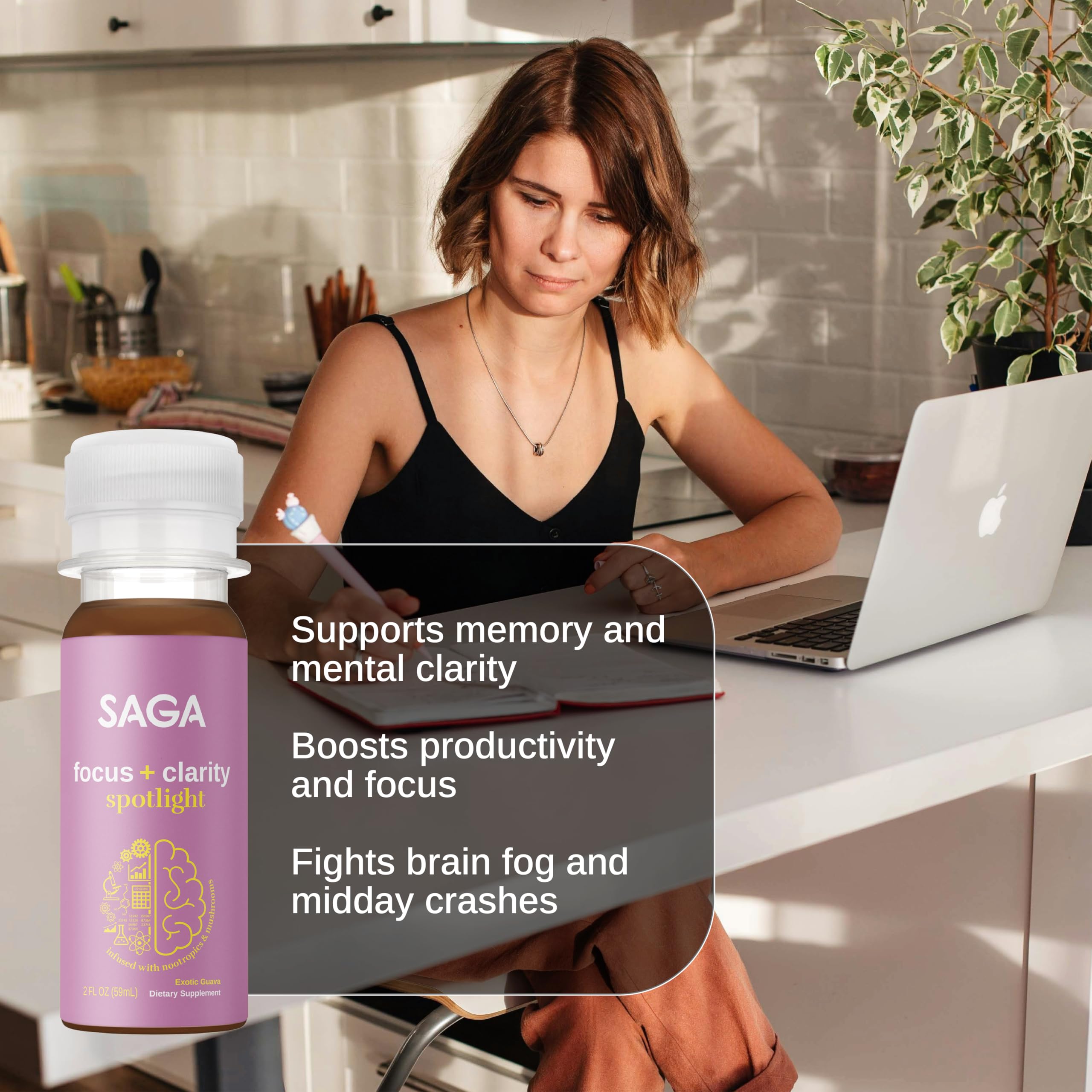 SAGA Spotlight travel-size 2oz bottle in bag for study sessions.