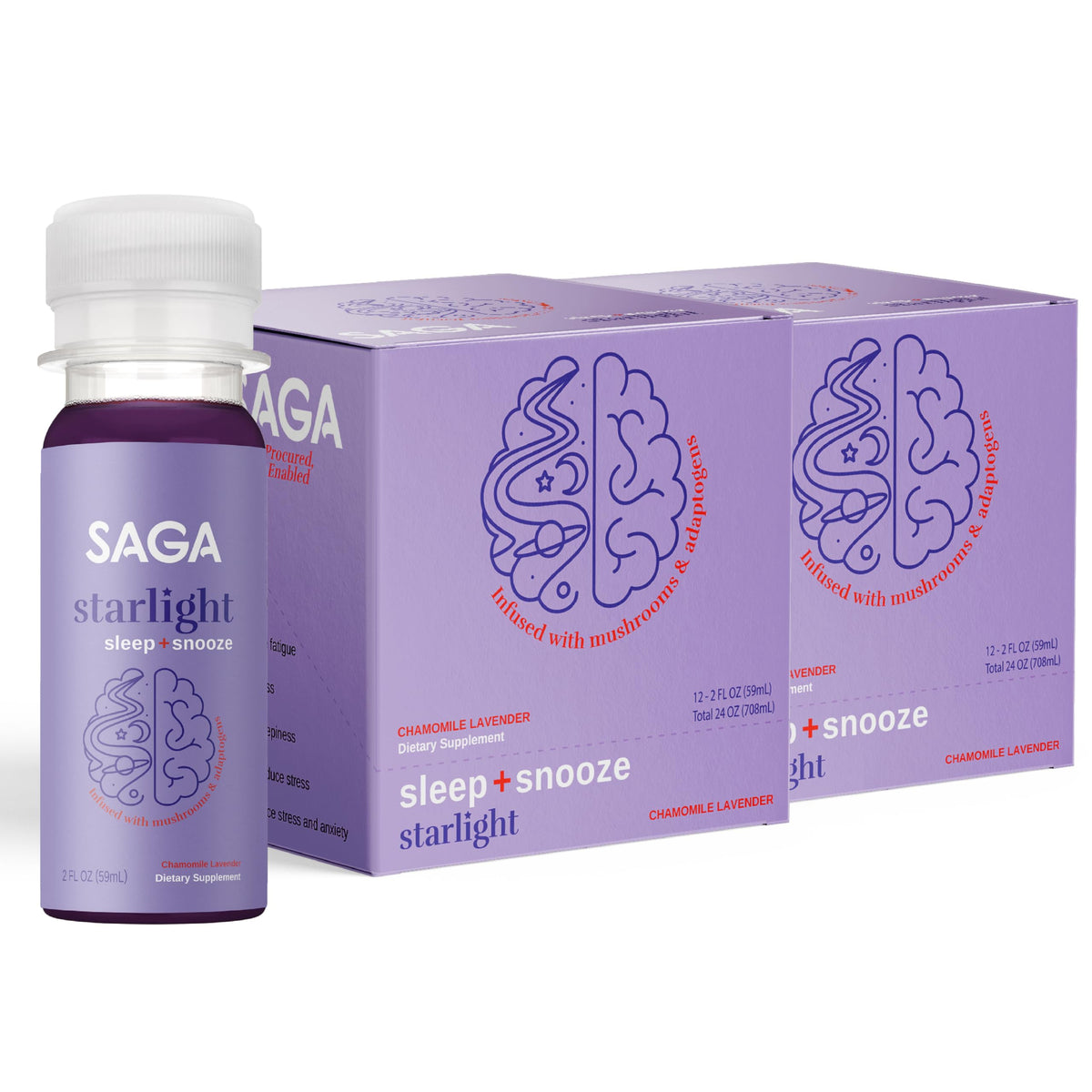 Saga Starlight sleep shot bottle front for travel-friendly bedtime routines.