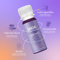 Saga Starlight label close-up highlighting organic reishi and natural ingredients.