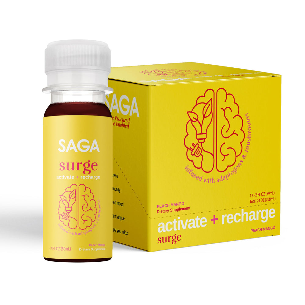 SAGA Surge peach mango shot front view ready for quick energy and improved focus