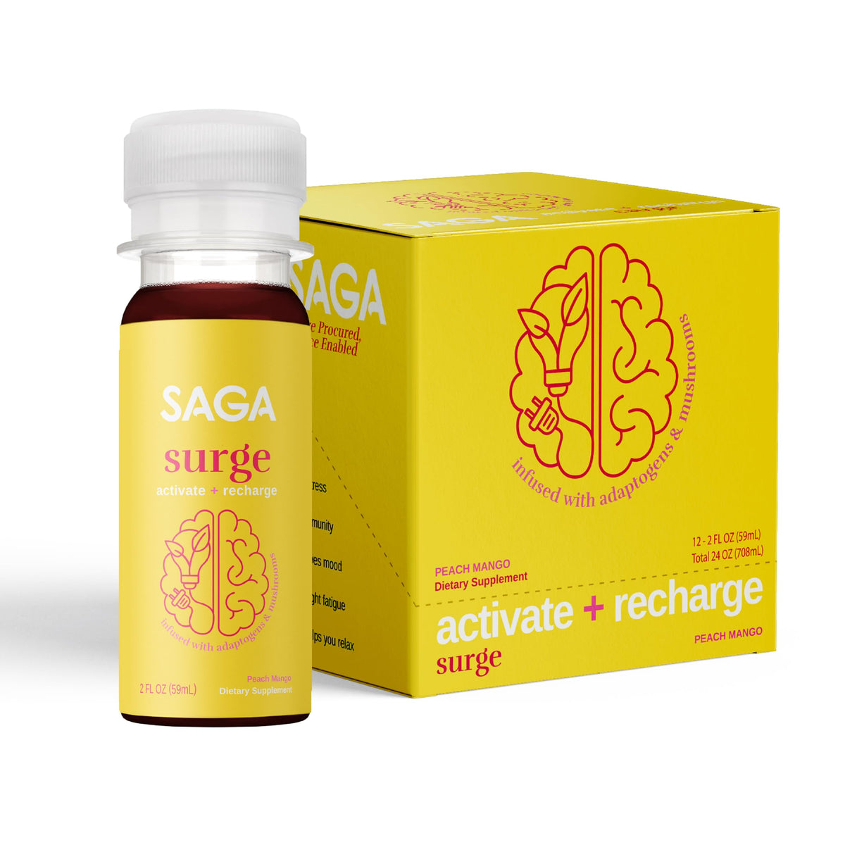 SAGA Surge peach mango shot front view ready for quick energy and improved focus