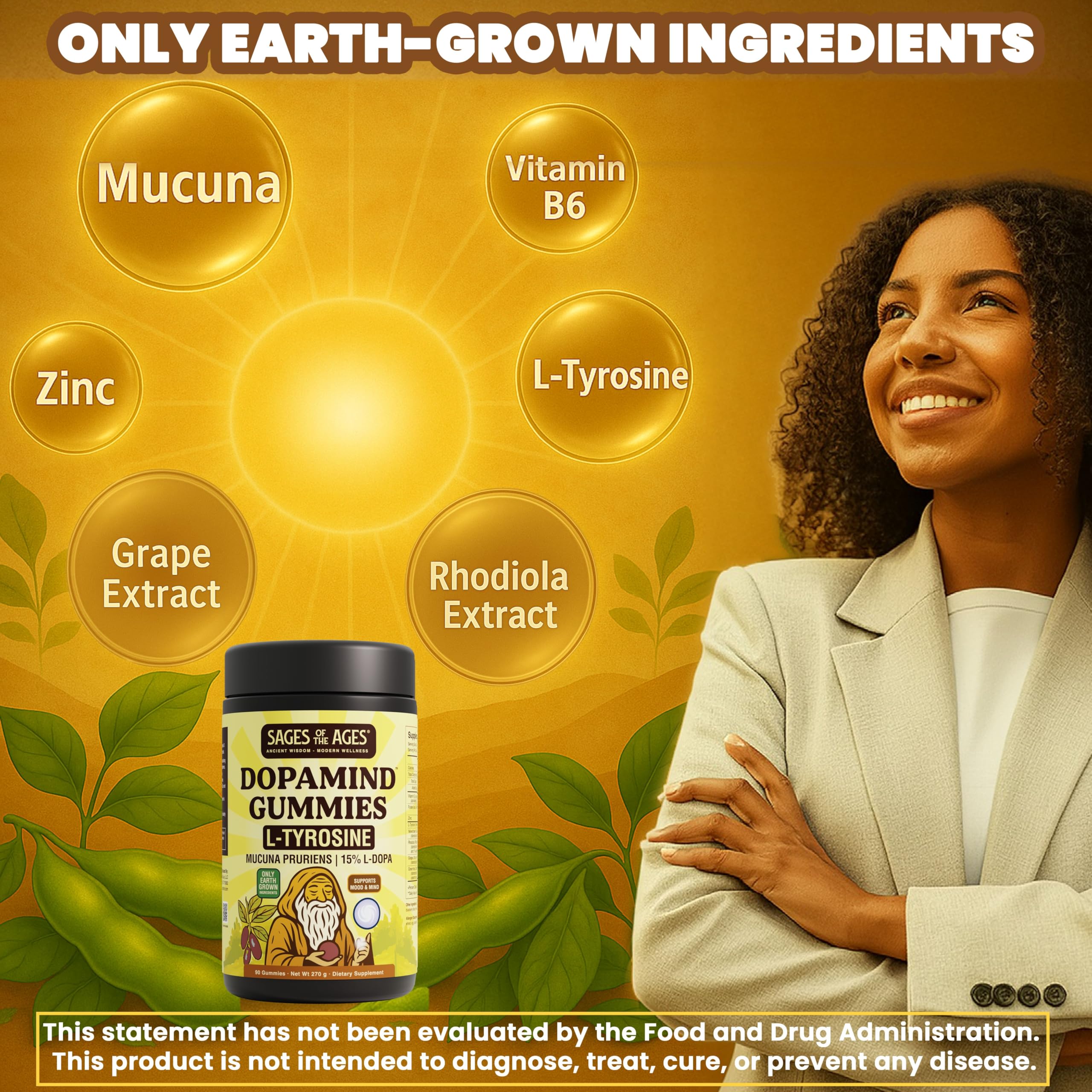 Sages Of The Ages L-Tyrosine Gummies nutrition panel close-up highlighting active ingredients