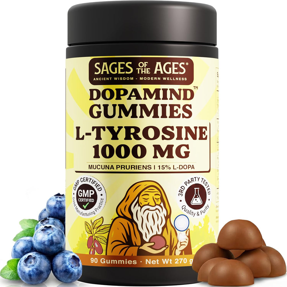 Sages Of The Ages L-Tyrosine Gummies blue bottle for focus and mental clarity