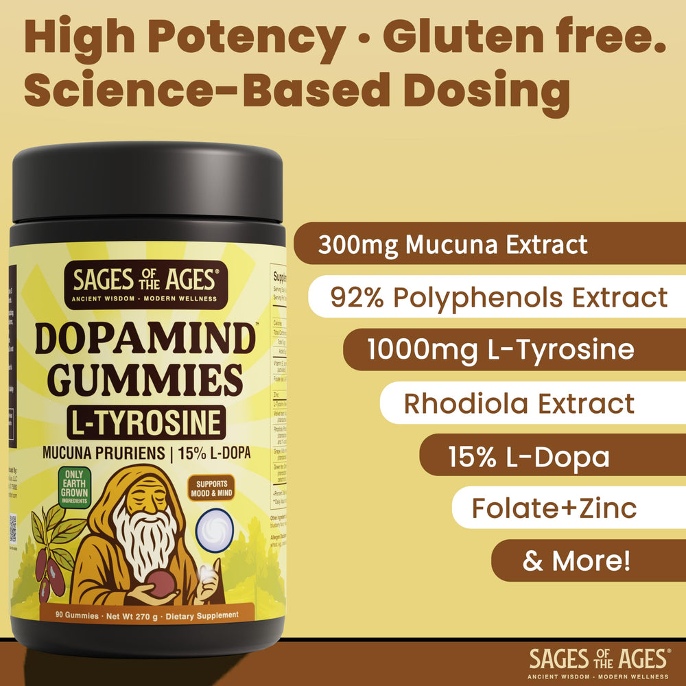 Sages Of The Ages L-Tyrosine Gummies Mucuna Pruriens visible ingredient for dopamine related balance
