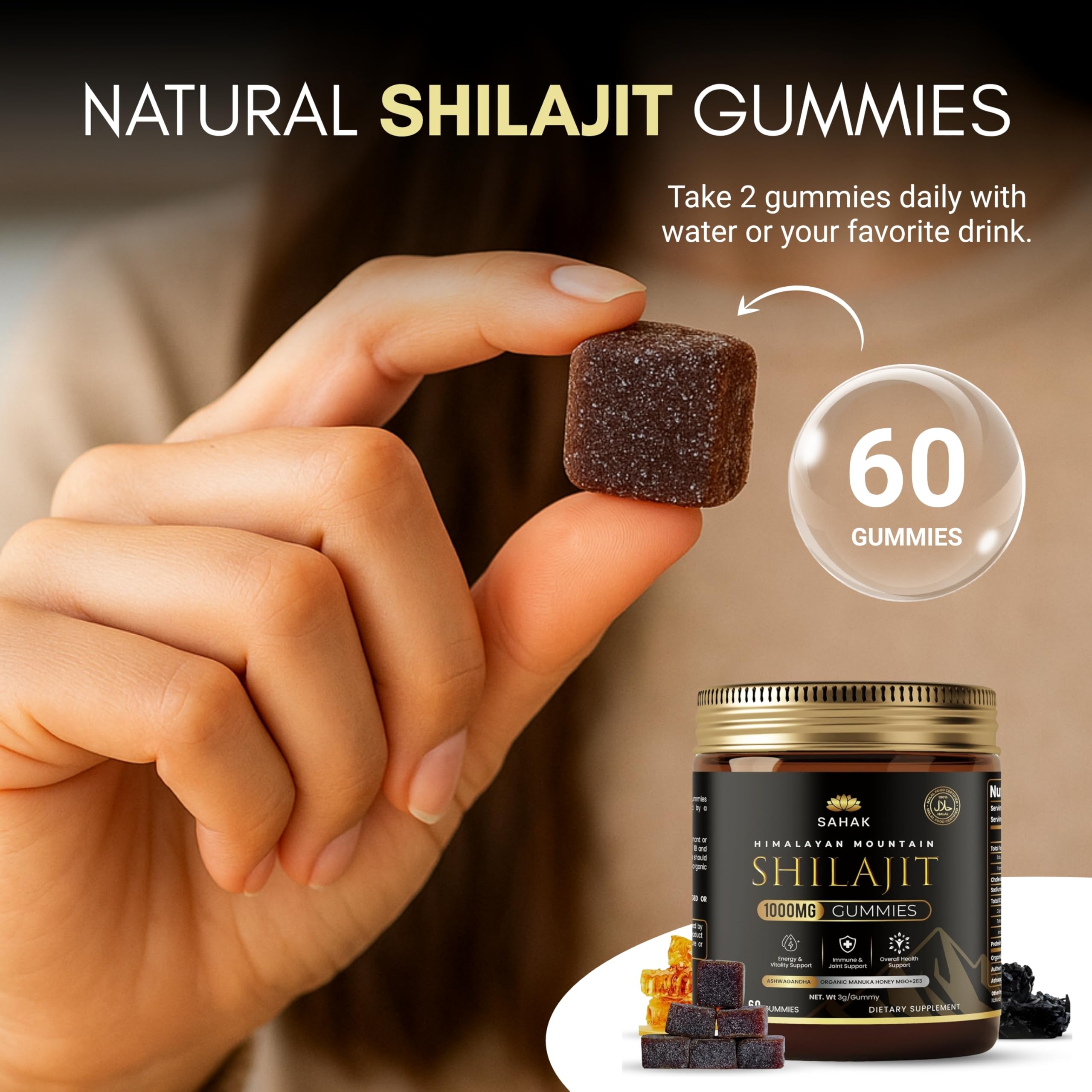 SAHAK Shilajit Gummies with KSM-66 Ashwagandha for steady focus