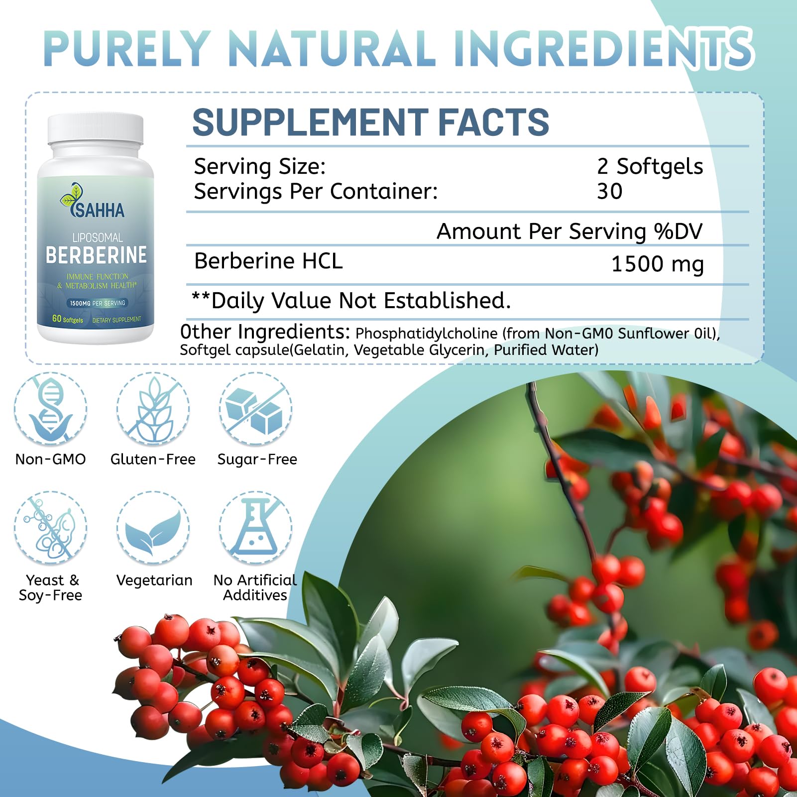 Sahha Liposomal Berberine bottle with a glass, ready for daily routine.