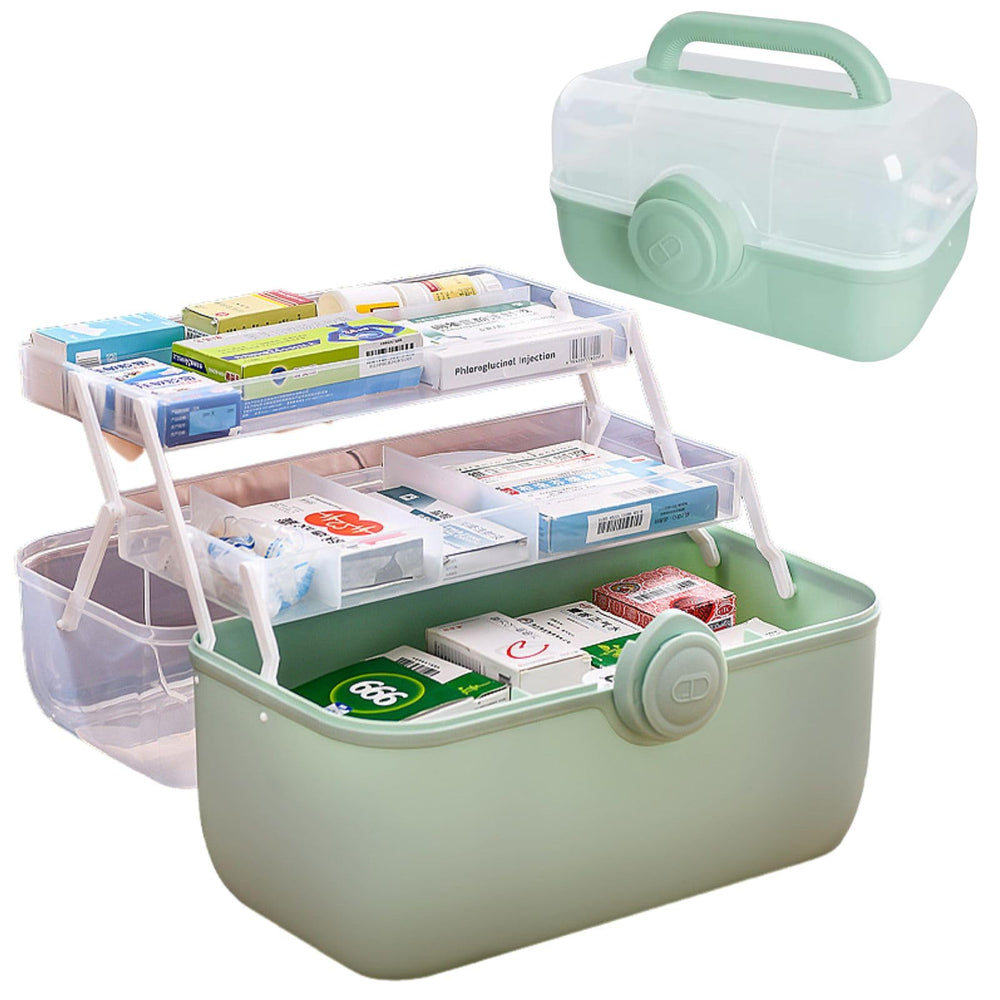 Saim first-aid box with 3-tier fold tray for easy visibility and organized storage.