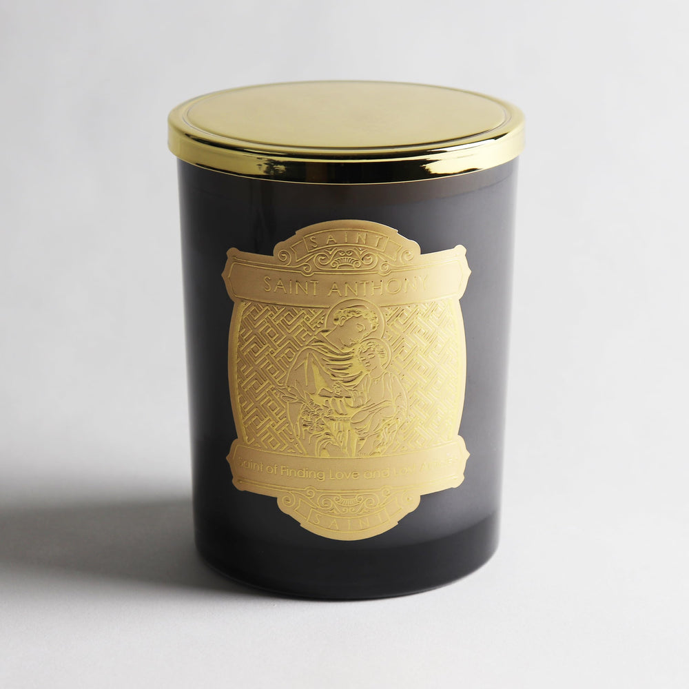 Saint Anthony candle showcases an 80-hour burn for long-lasting aromatherapy.