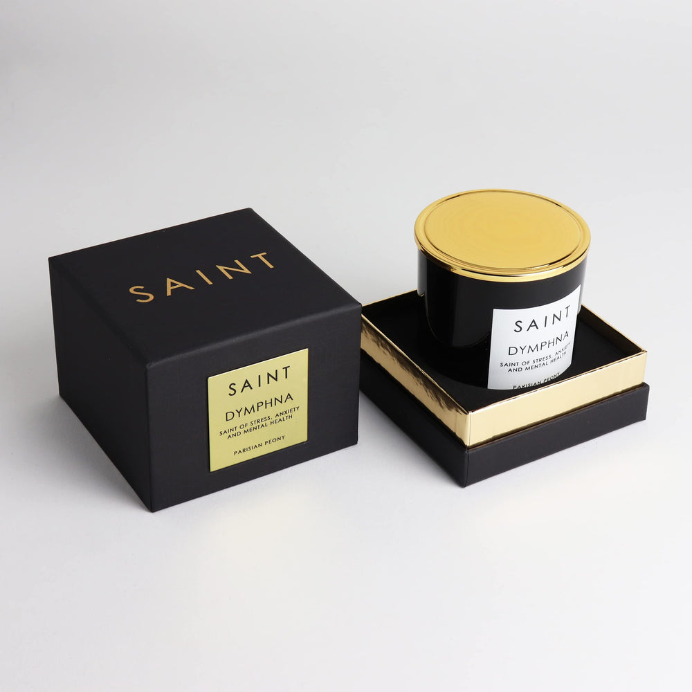 Saint Dymphna candle uses soy coconut wax for a clean burn
