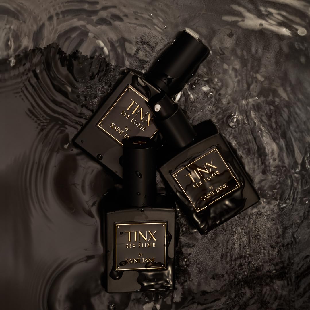 Saint Jane logo on Tinx Elixir packaging highlighting luxe clean skincare