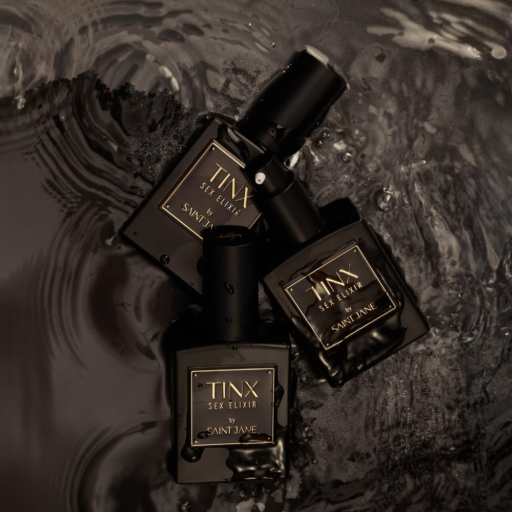 Saint Jane logo on Tinx Elixir packaging highlighting luxe clean skincare