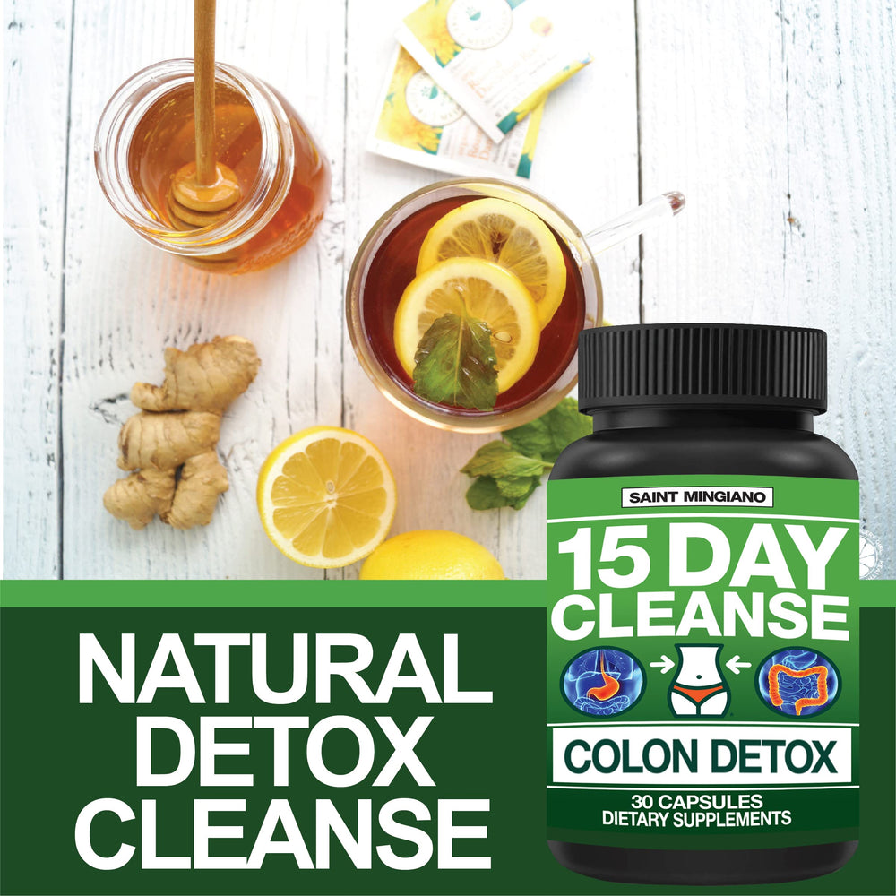 Saint Mingiano colon cleanse capsules closeup highlighting natural ingredients