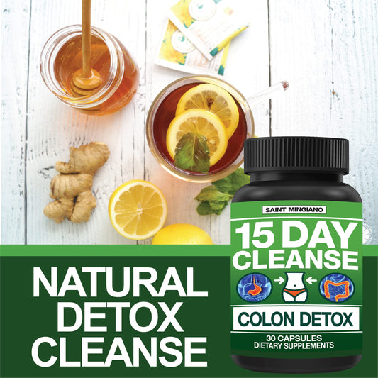 Saint Mingiano colon cleanse capsules closeup highlighting natural ingredients