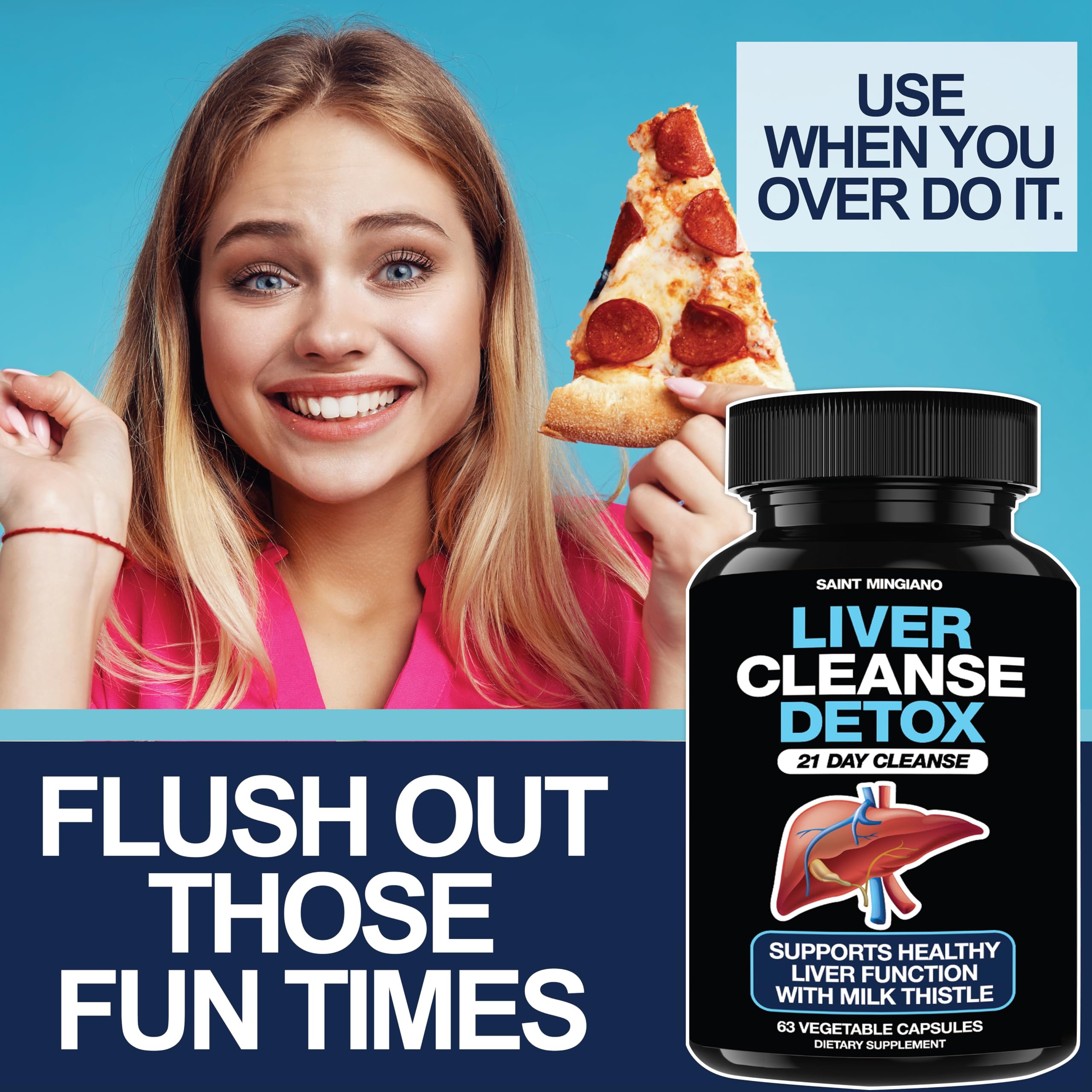 Saint Mingiano Liver Cleanse capsules close-up highlighting herbal blend for detox.