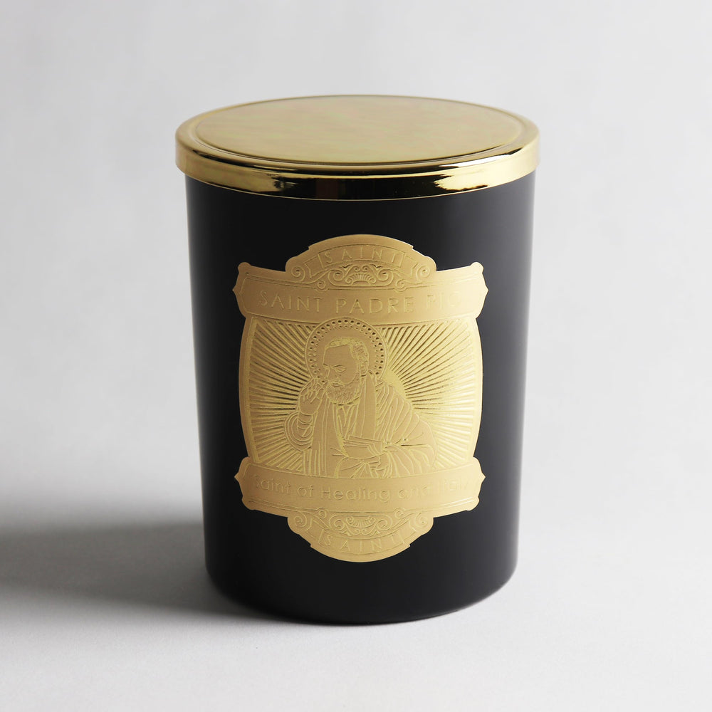 Saint Padre Pio Candle emits amber and heliotrope aroma for relaxation.
