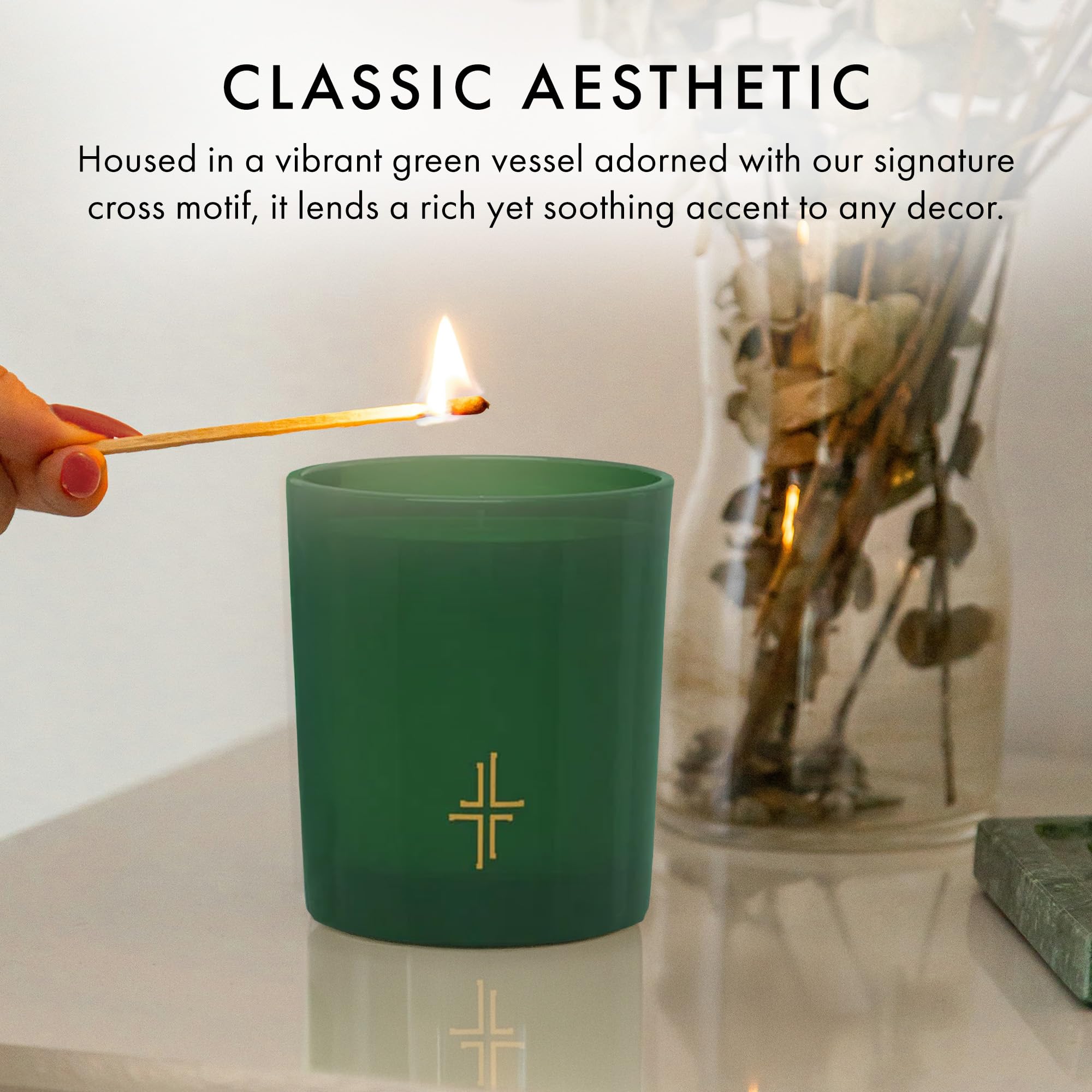 Candle placed in a stylish decor setting to evoke sacred ambiance