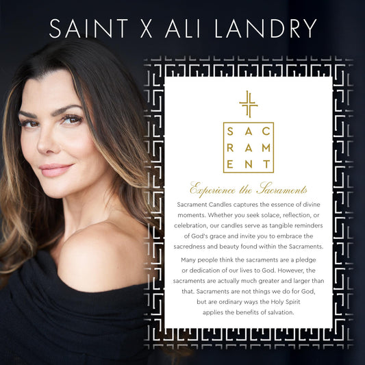 Close-up of Sacrament candle label highlighting elegant branding and scent