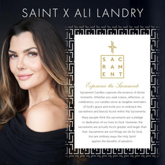 Close-up of Sacrament candle label highlighting elegant branding and scent