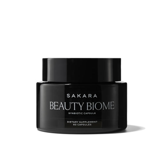 SAKARA Beauty Biome bottle front showing capsules for inner skin and gut support.