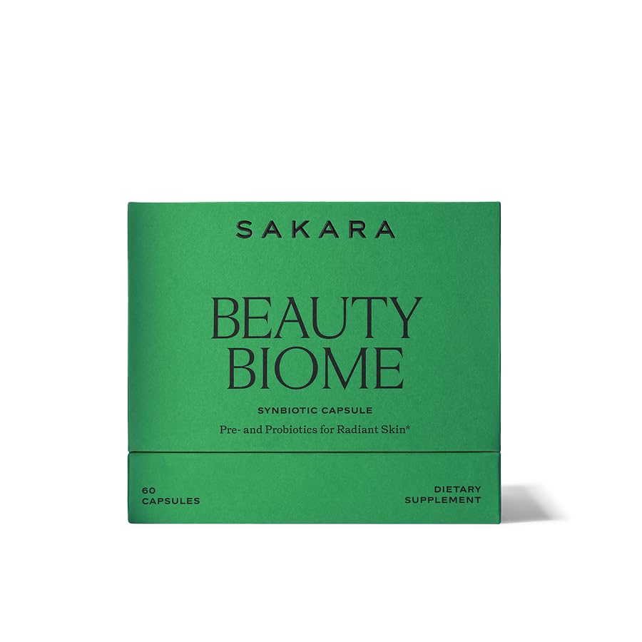 SAKARA Beauty Biome capsules closeup highlighting probiotic blend for balanced digestion.