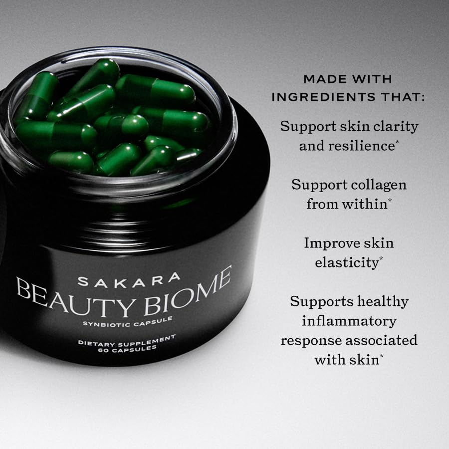 SAKARA Beauty Biome probiotic blend label highlights gut health support for balanced skin.