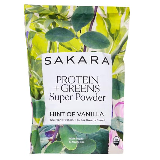 SAKARA Protein and Greens powder tub highlighting organic protein and greens blend.