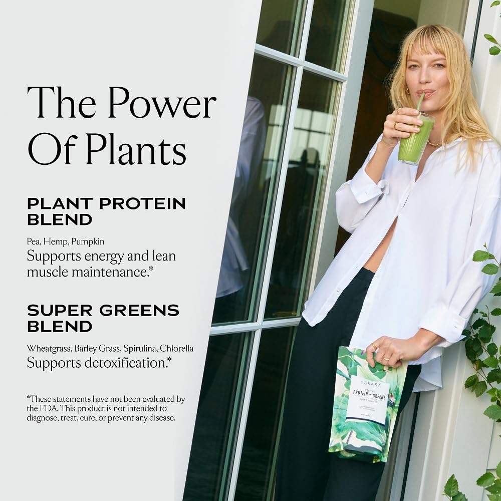 SAKARA Protein and Greens scoop on countertop for quick, convenient nutrition.