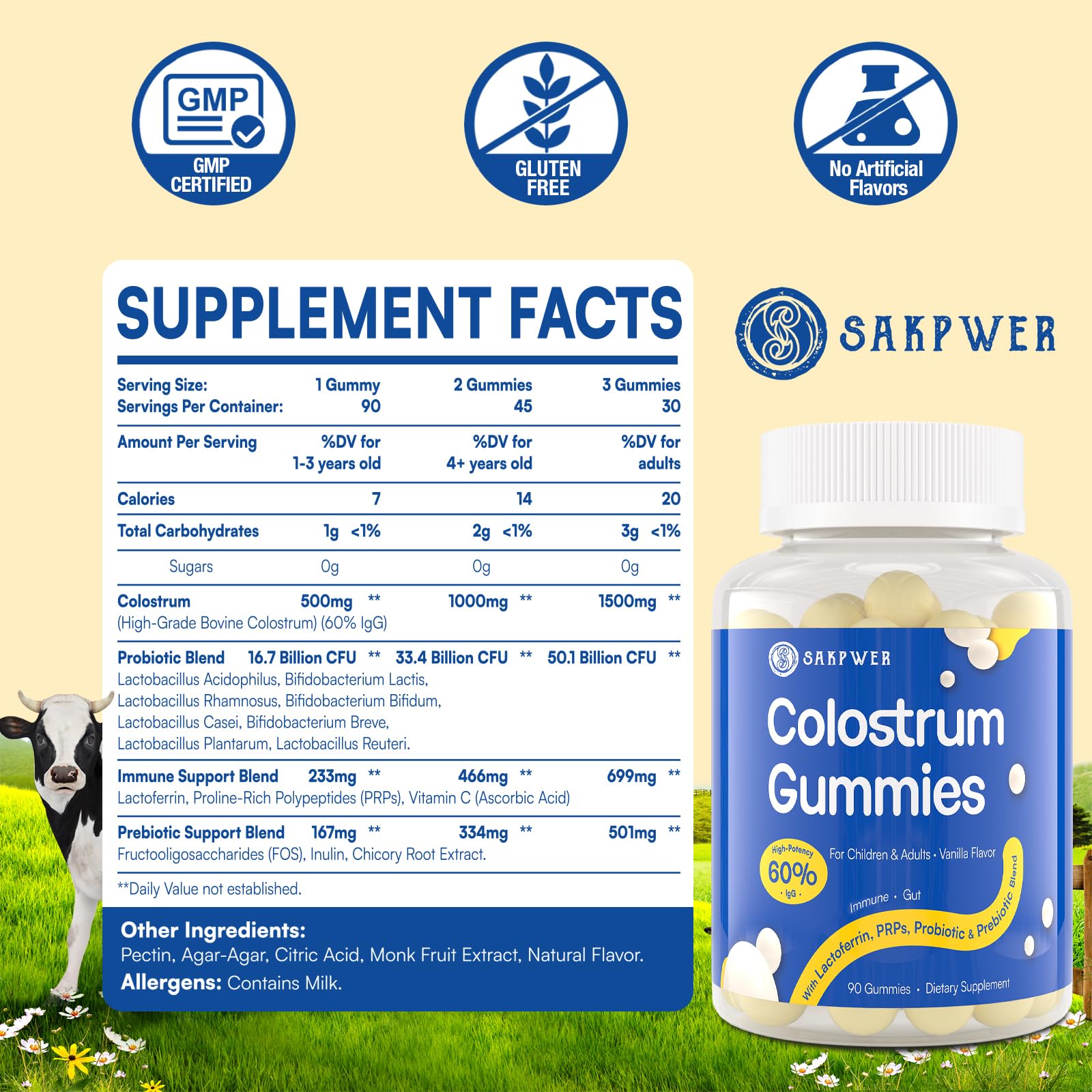 Sakpwer Colostrum Gummies jar close-up highlighting 60% IgG and sugar-free vanilla.
