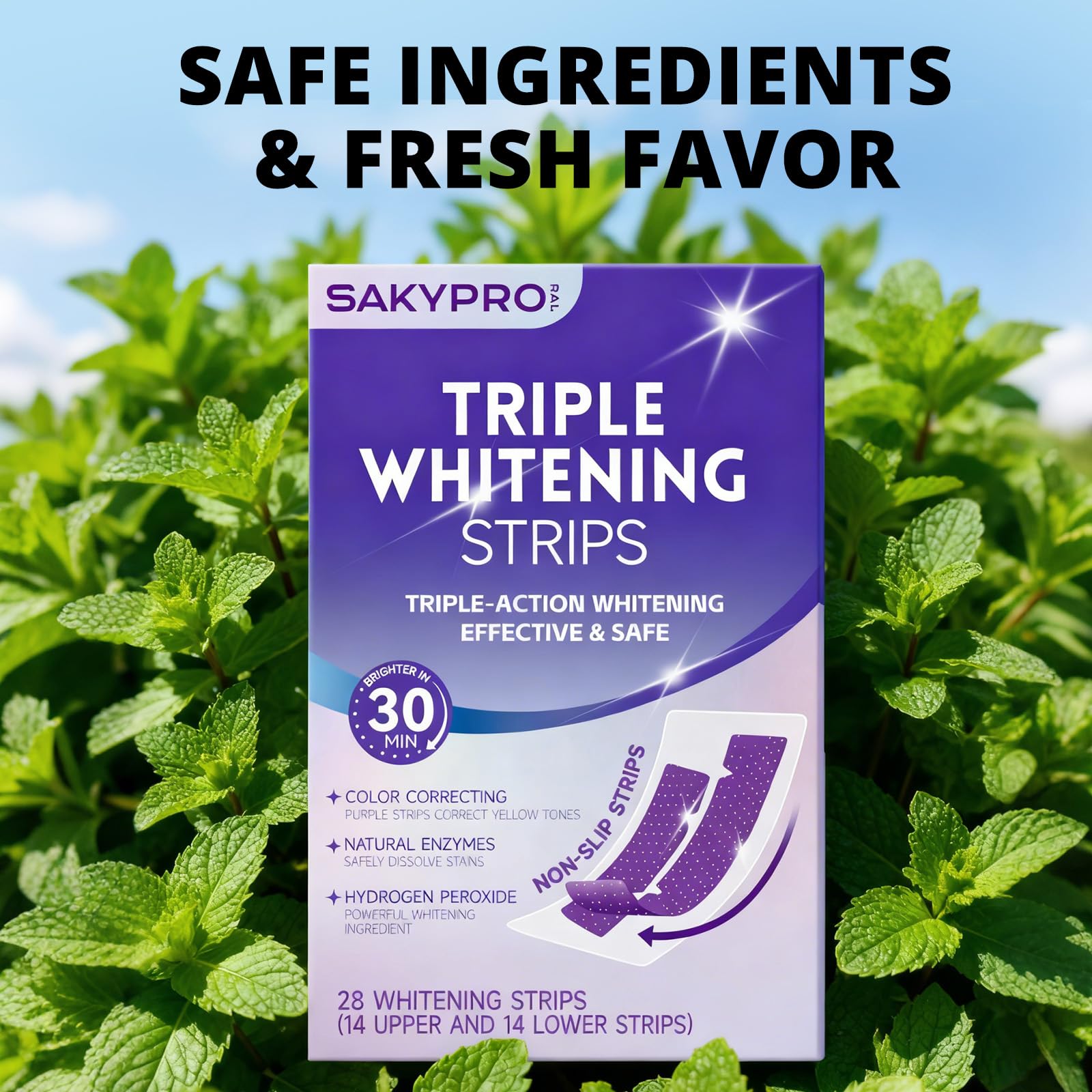 7-day progress image of SAKYPRORAL strips showing noticeable whitening and low sensitivity.