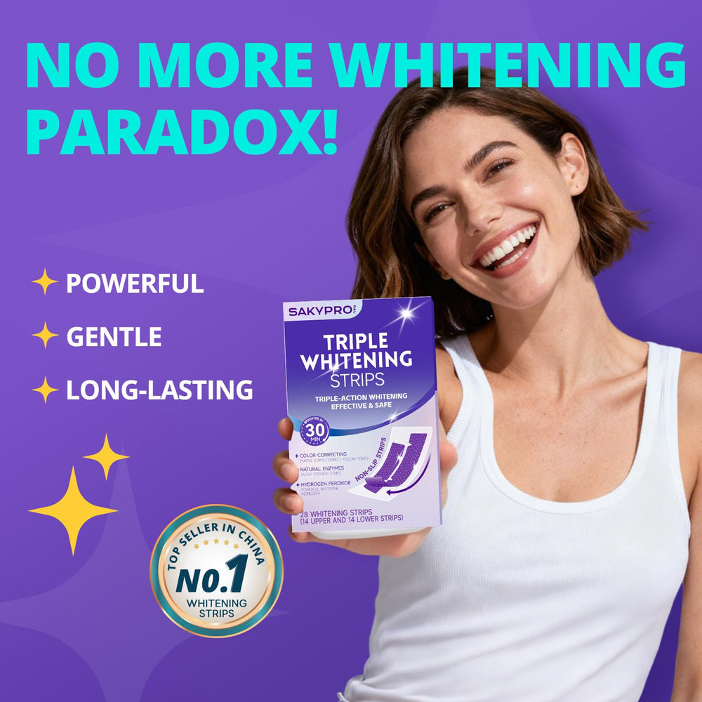 Close-up of purple-tone whitening strips applying for instant color correction and brightness.