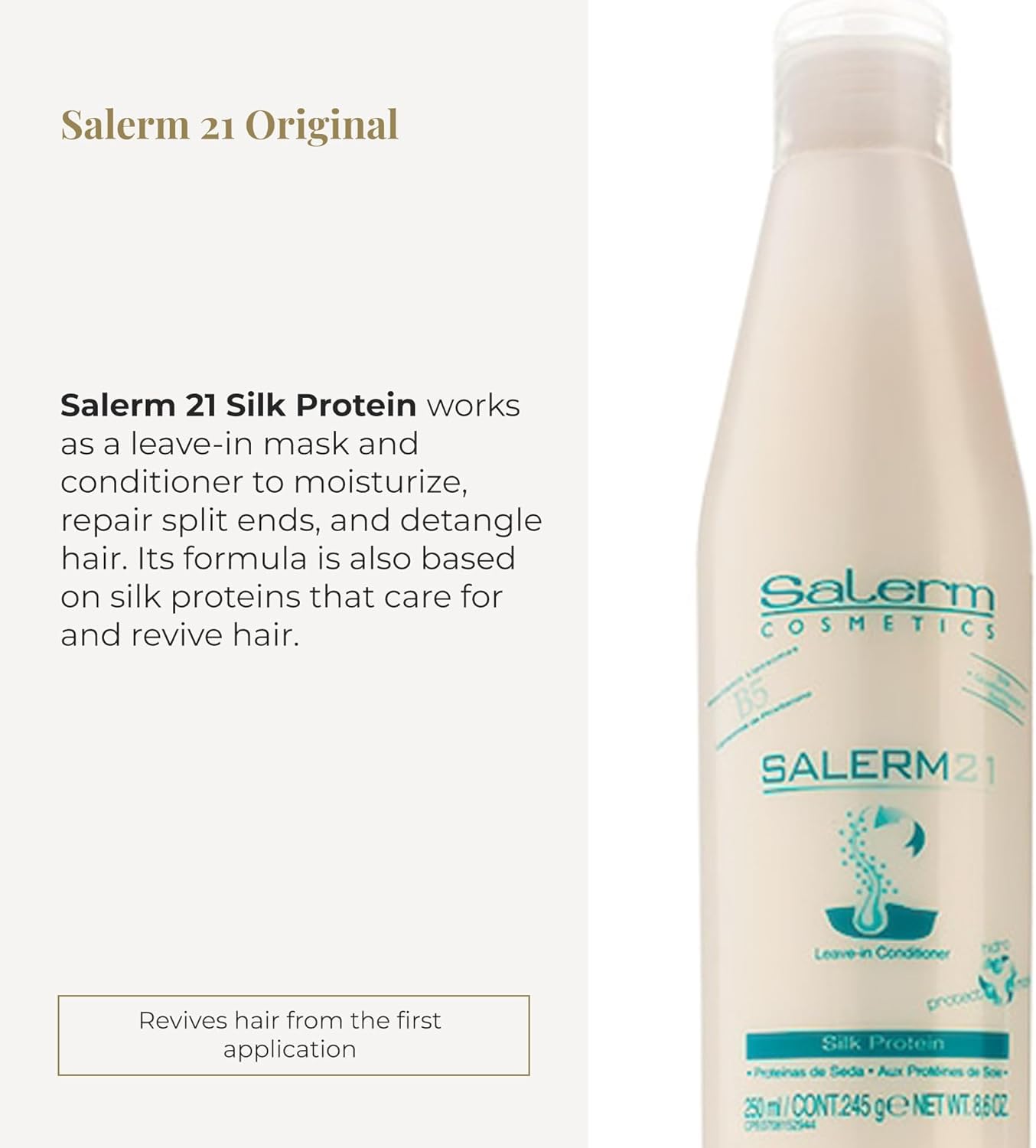 Close-up of Salerm 21 B5 Silk Protein label and premium packaging
