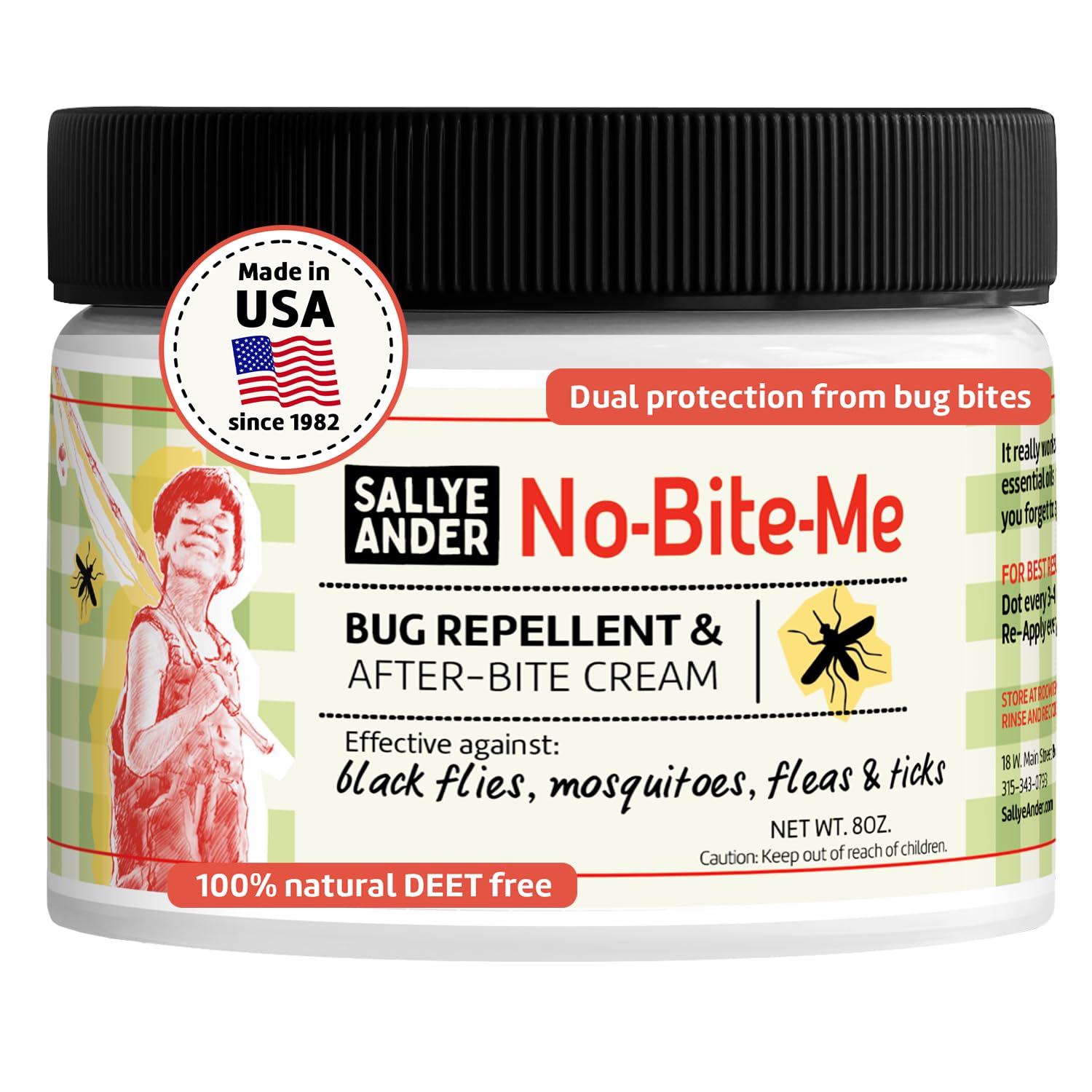SALLYEANDER No Bite Me bug repellent tin shown for family outdoor protection.