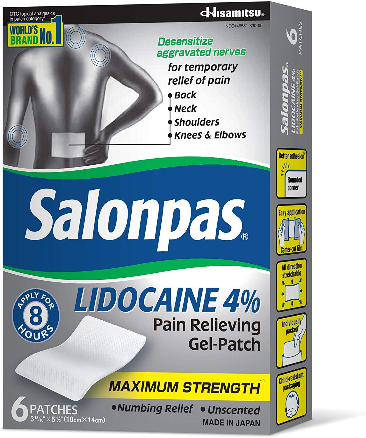Salonpas LIDOCAINE 5-pack packaging of unscented gel patches.