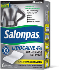 Salonpas LIDOCAINE 5-pack packaging of unscented gel patches.