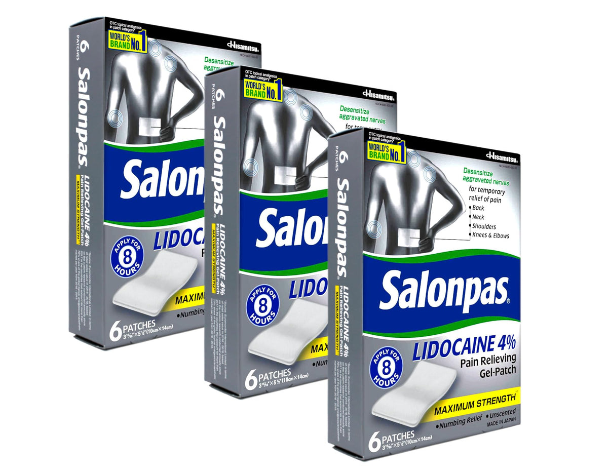 Salonpas lidocaine gel patch on back provides focused, temporary numbness relief.