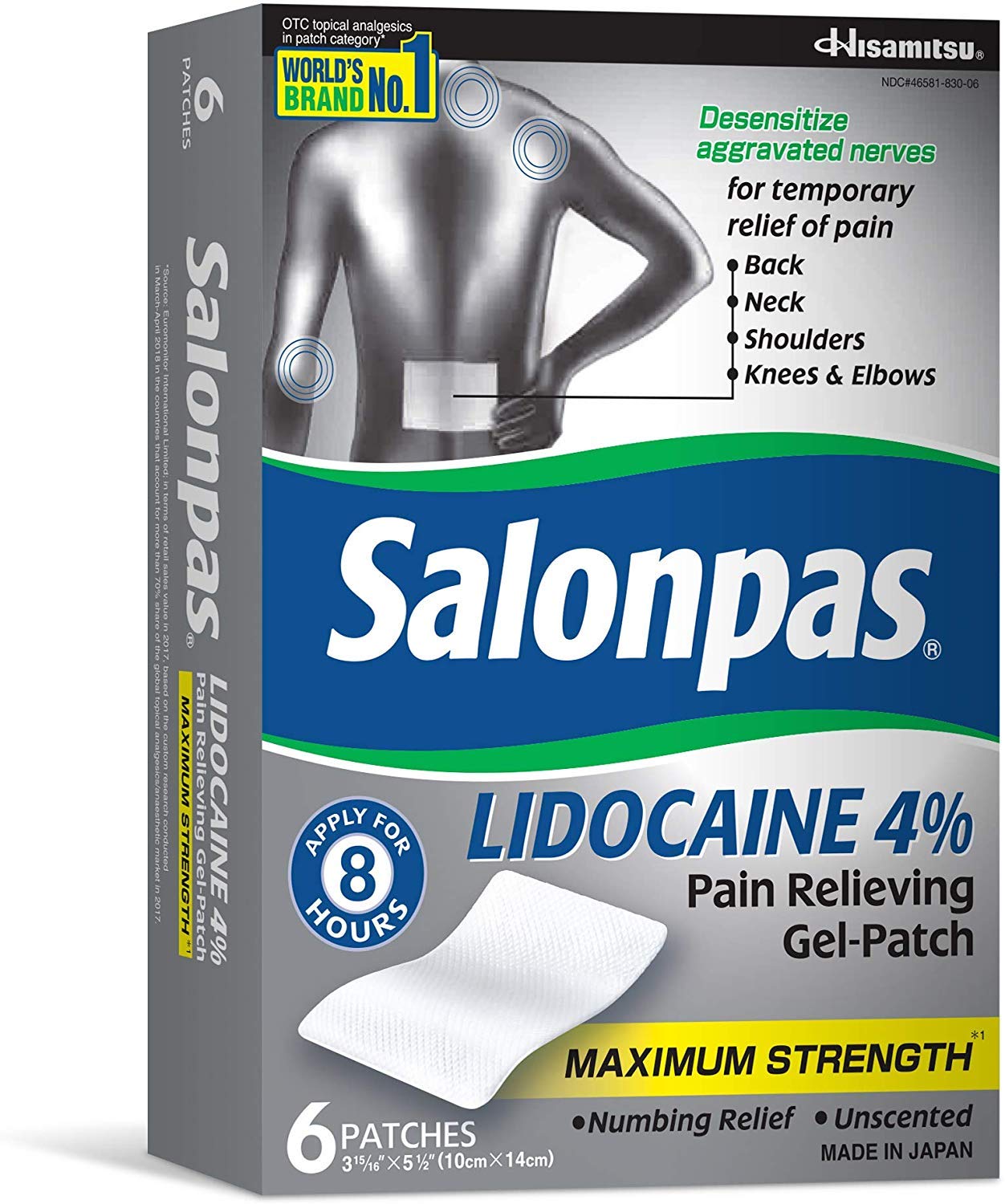 Salonpas LIDOCAINE patch on knee area for targeted relief.